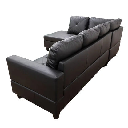 Faux Leather 4-Seat Couch Living Room Sofa Set, L Shaped Couch Sofa Set, Chaise Lounge Sectional Sofa for Home, Apartment, Dorm, Black(Without Ottoman)