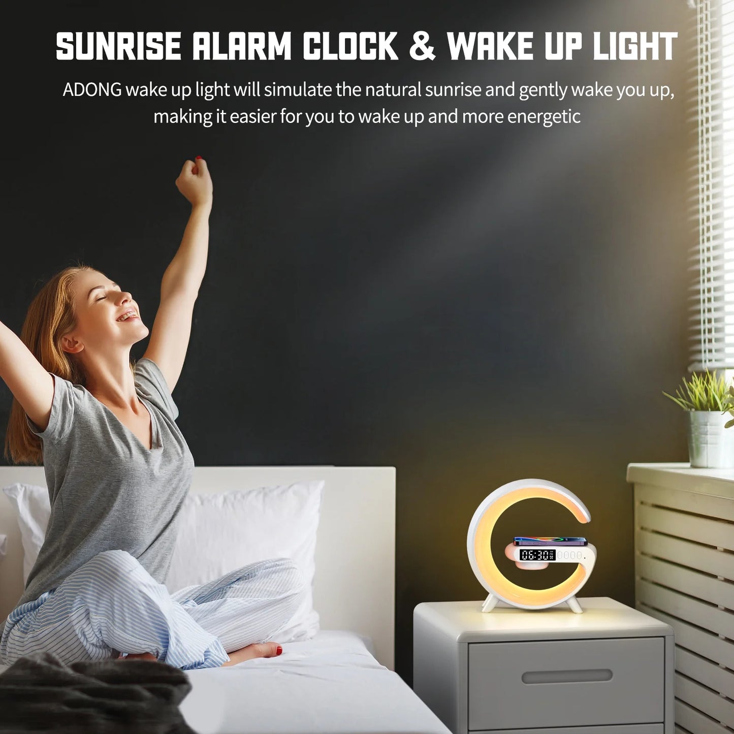 Sunrise Alarm Clock with Wireless Charging & Bluetooth Speaker, Adjustable Brightness Atmosphere Lamp Night Light for Bedside Dorm Office, Kids Adults Desk Table Lamp Gift(White)