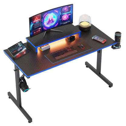 42" Gaming Desk PC Computer Table with LED Lights & Monitor Stand & Hook & Cup Holder in Blue