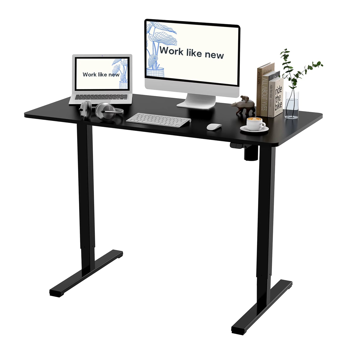 48"X24" Whole-Piece Desktop Height Adjustable Standing Desk Black Ergonomic Home Office Computer Desk with 2 Hooks