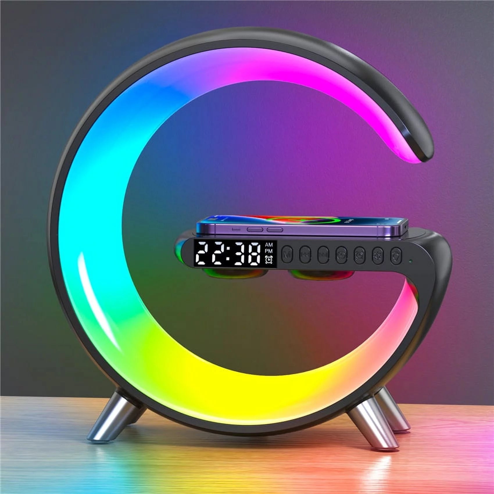 Wireless Charger Stand Alarm Clock Speaker RGB Fast Charging Station for Iphone Samsung - White